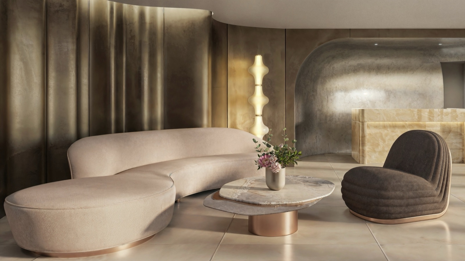 Tula Residences lobby — strikingly designed entry with sculptural detailing and 24-hour concierge.