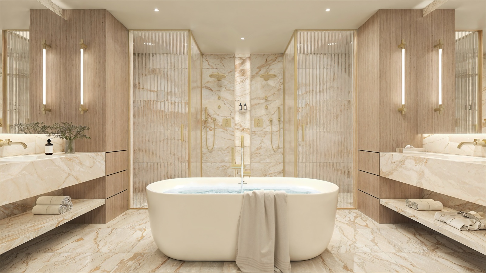 Tula penthouse primary bath clad in Portuguese marble with oversize fluted glass and custom millwork.