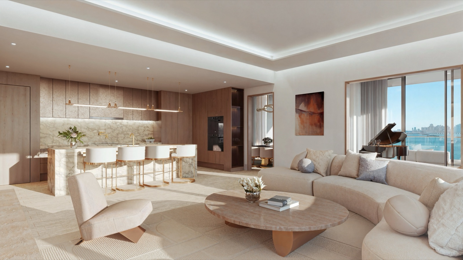 Tula penthouse great room and kitchen — Shannon Farrell custom design, European marble island, Miele appliance suite.