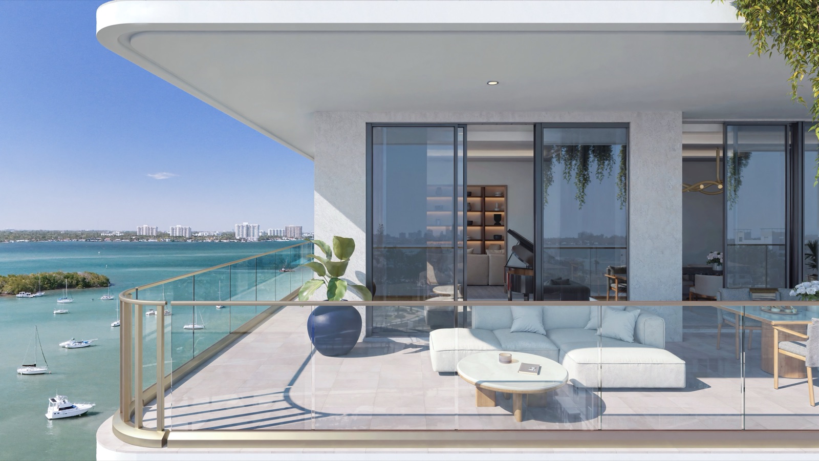 Penthouse private terrace at Tula with panoramic Biscayne Bay and Miami skyline views.