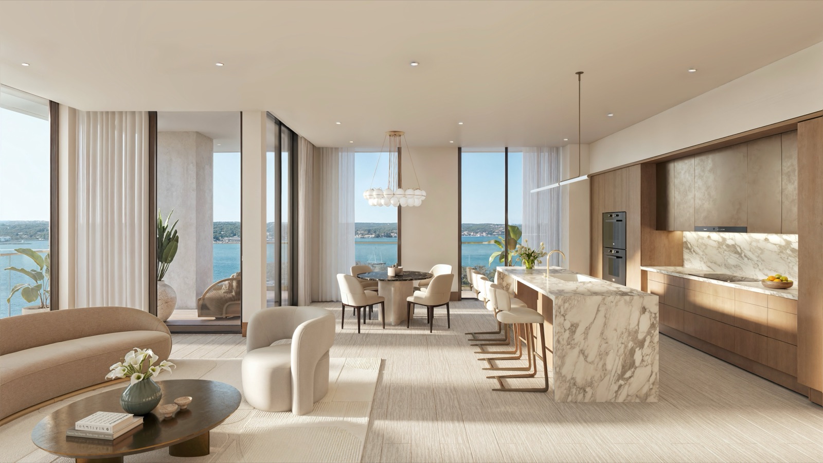 Tula Residences living, dining and kitchen — open-concept layout with 10-foot ceilings, custom European flooring, and bay views.