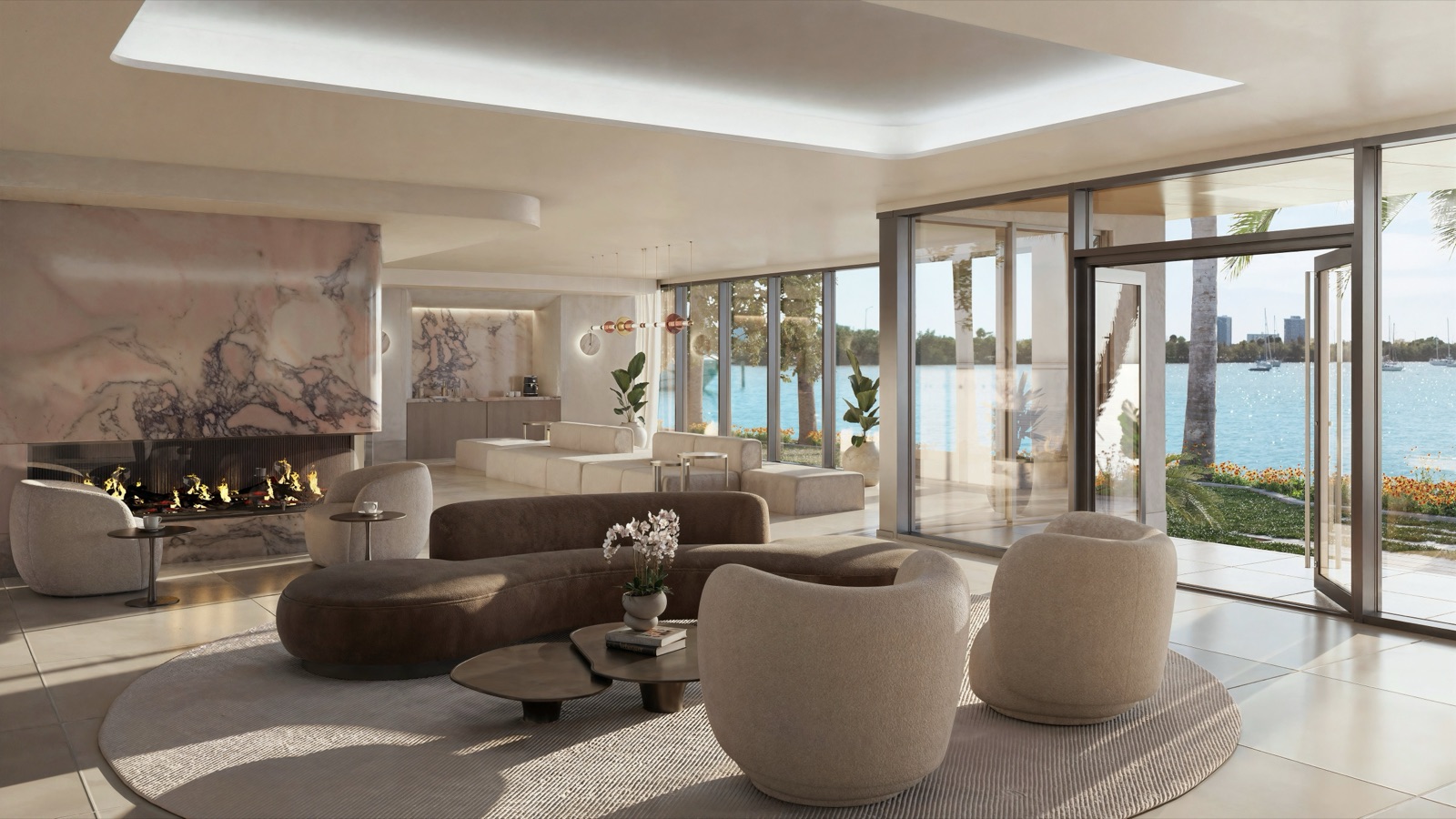 Vista Lounge at Tula Residences — bay-side lobby seating with floor-to-ceiling windows.
